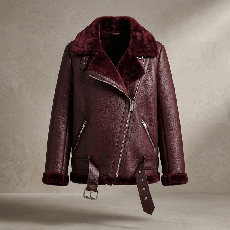 Women’s Faux Shearling Aviator Jacket – Thick Faux Leather Biker Coat with Plush Fur Lining & Belt