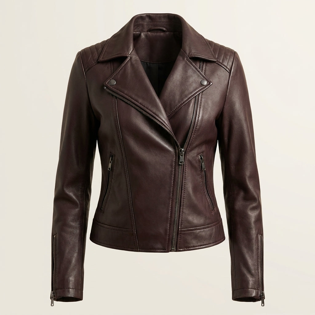 Women’s Slim-Fit Faux Leather Biker Jacket – Asymmetric Zip Moto Coat with Quilted Shoulder Detail