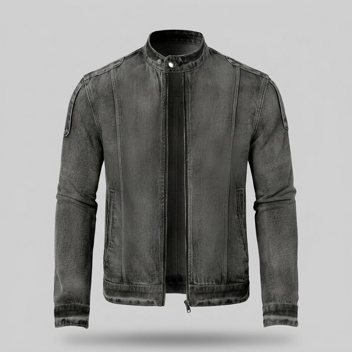 Men’s Washed Denim Biker Jacket – Acid Wash Stand Collar Moto Racer Jacket with 3D Panelling