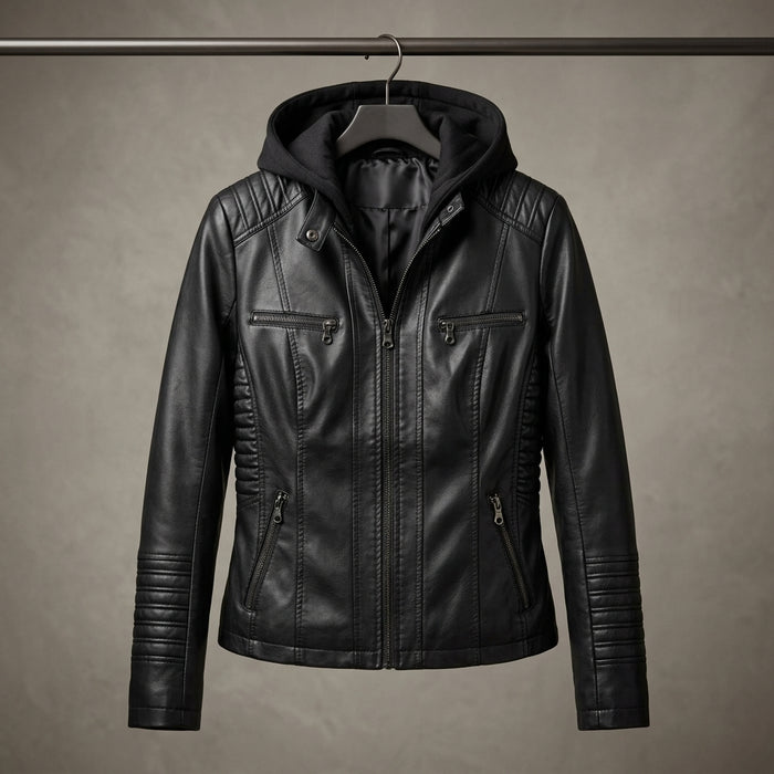Women’s Hooded Faux Leather Biker Jacket – Slim-Fit Washed PU Leather Moto Coat with Removable Fleece Hood