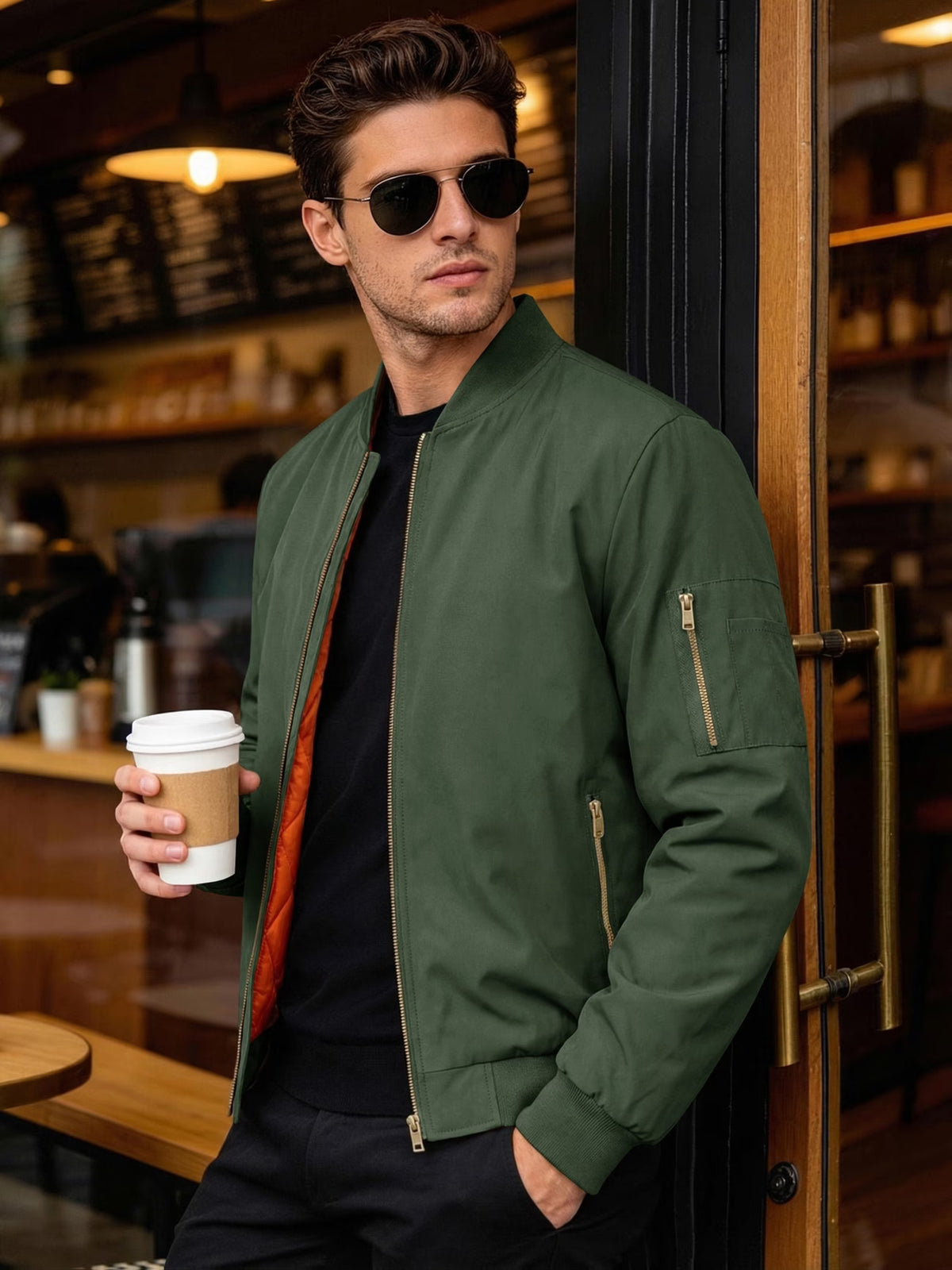 Men’s Army Green Bomber Jacket | Lightweight Thermal Insulated Flight Jacket
