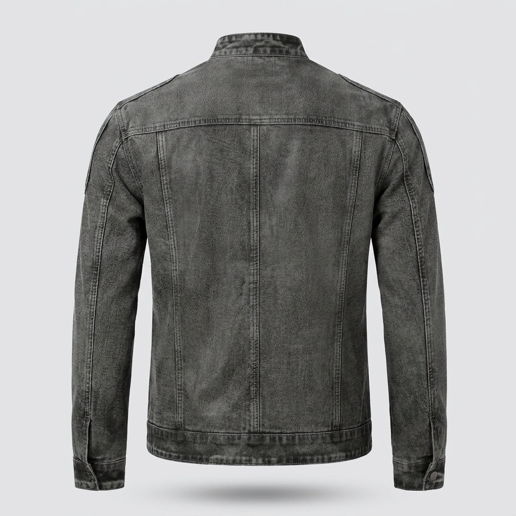 Men’s Washed Denim Biker Jacket – Acid Wash Stand Collar Moto Racer Jacket with 3D Panelling