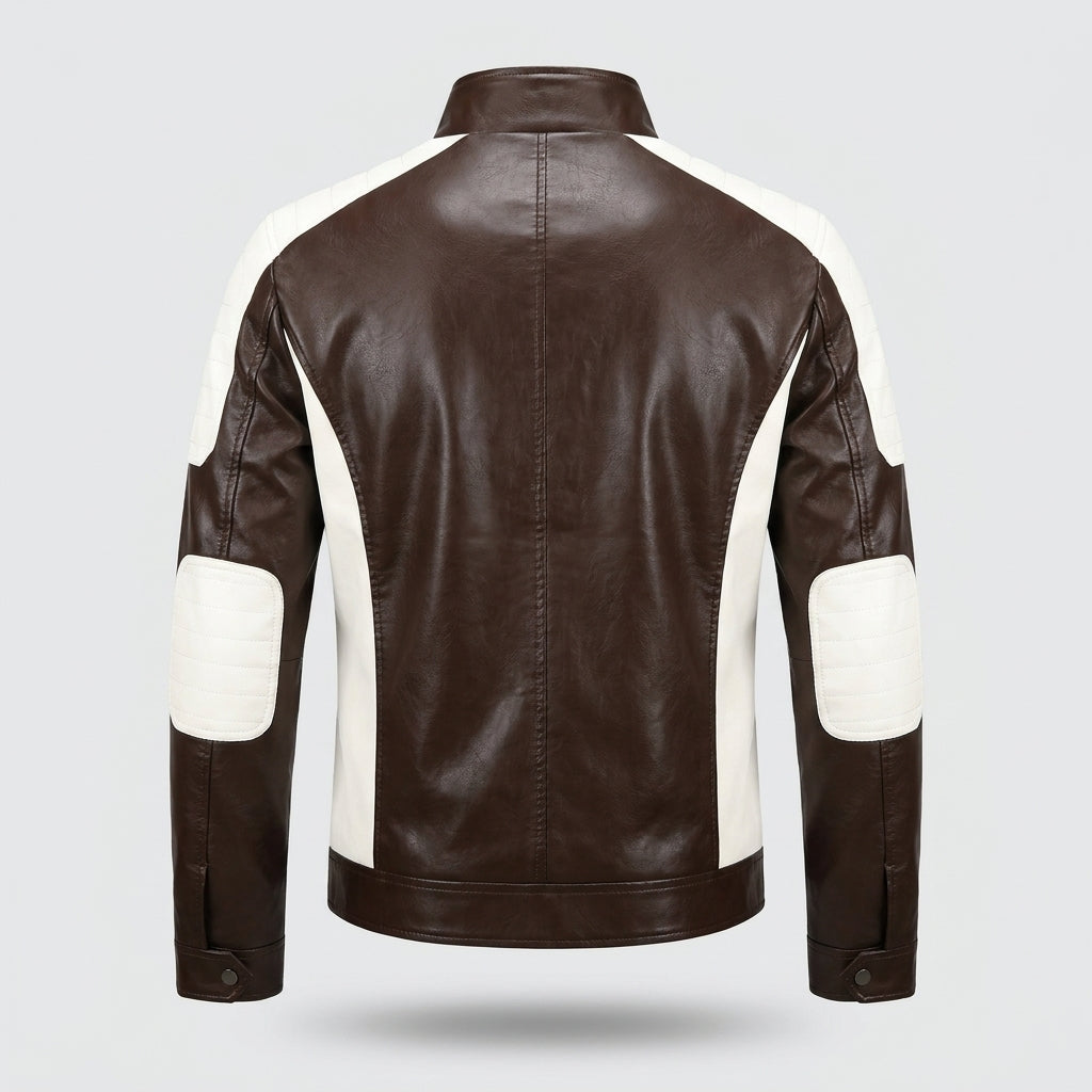 Men’s Colourblock Faux Leather Biker Jacket – Stand Collar Urban Moto Racer Coat with Quilted Shoulders