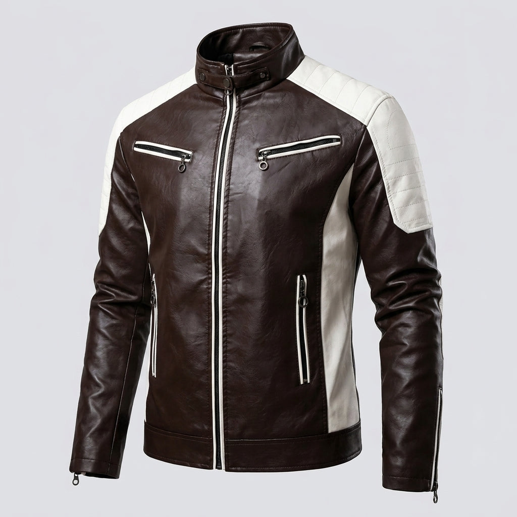 Men’s Colourblock Faux Leather Biker Jacket – Stand Collar Urban Moto Racer Coat with Quilted Shoulders