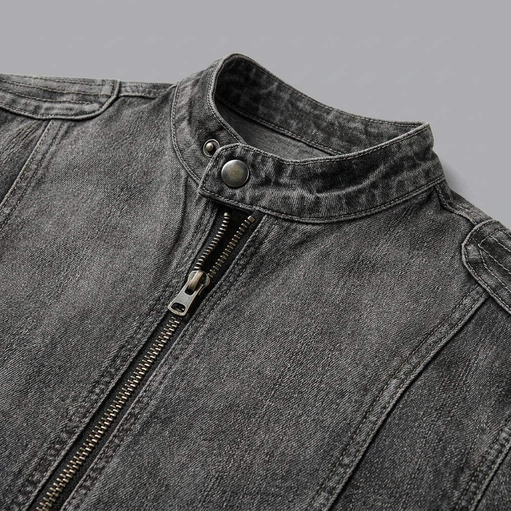 Men’s Washed Denim Biker Jacket – Acid Wash Stand Collar Moto Racer Jacket with 3D Panelling