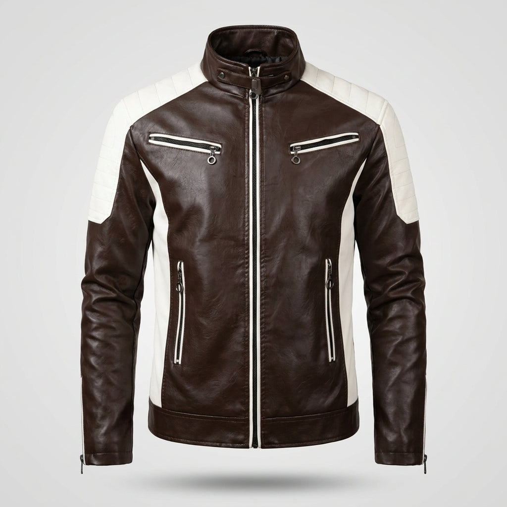 Men’s Colourblock Faux Leather Biker Jacket – Stand Collar Urban Moto Racer Coat with Quilted Shoulders