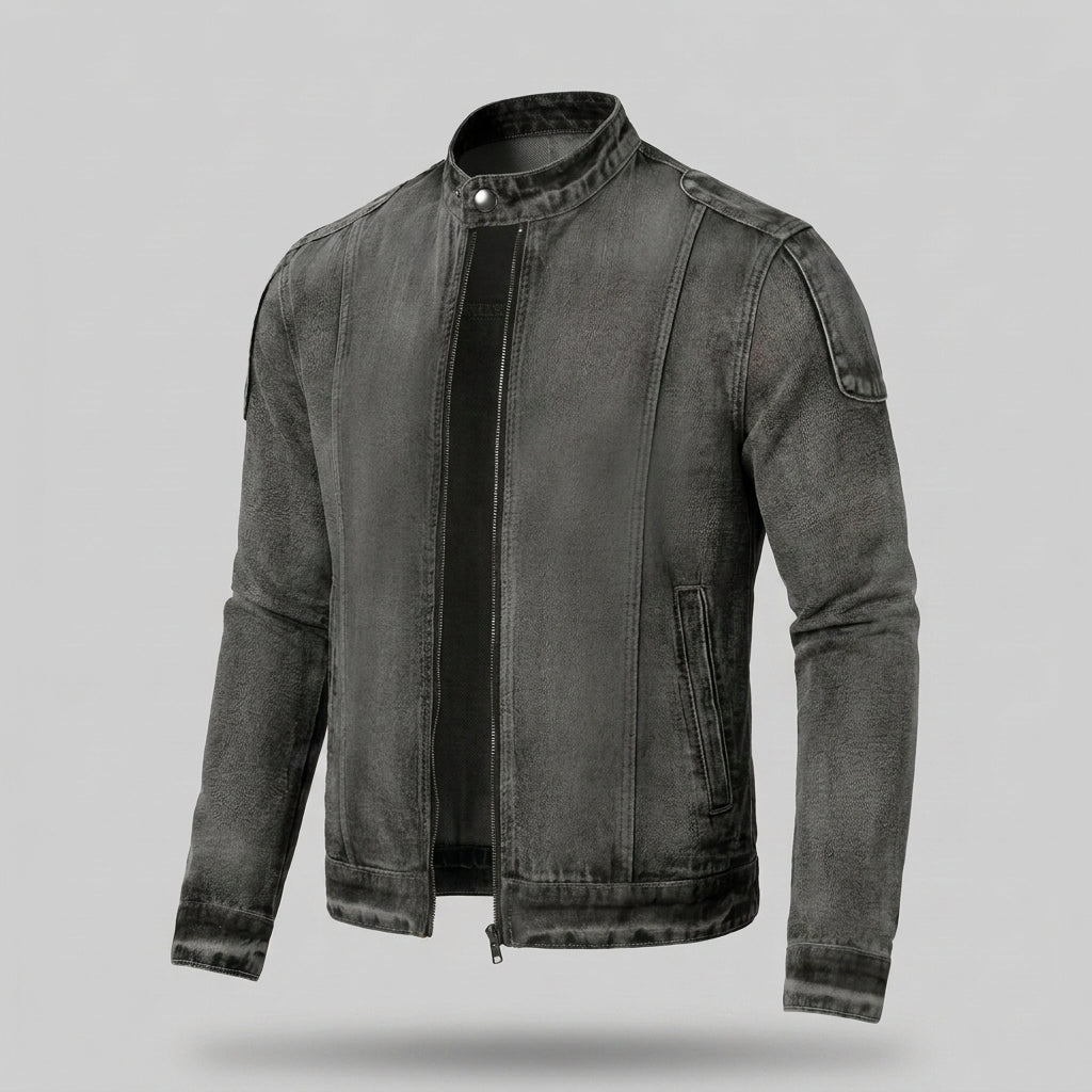 Men’s Washed Denim Biker Jacket – Acid Wash Stand Collar Moto Racer Jacket with 3D Panelling