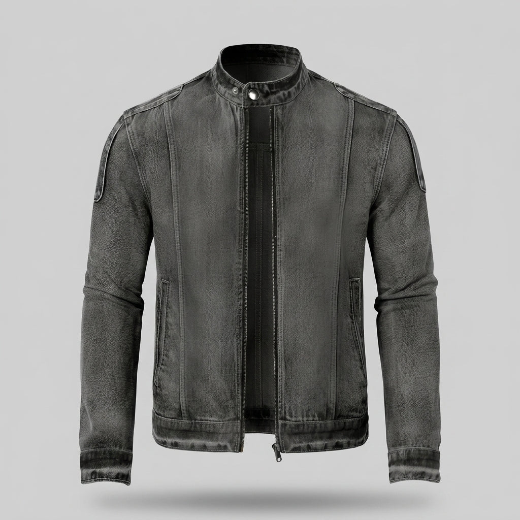 Men’s Washed Denim Biker Jacket – Acid Wash Stand Collar Moto Racer Jacket with 3D Panelling