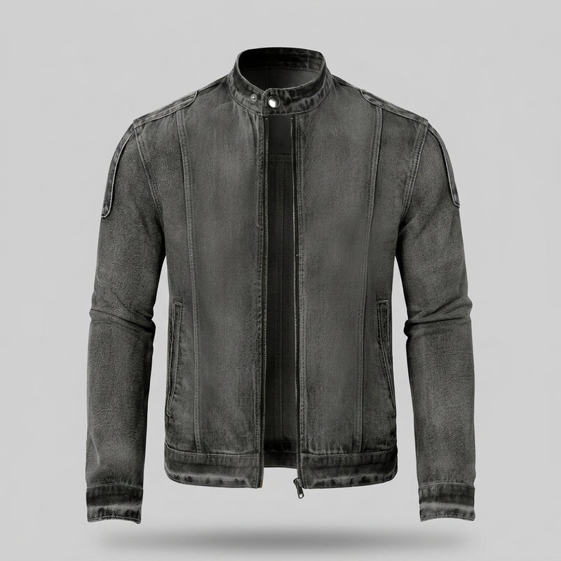 Men’s Washed Denim Biker Jacket – Acid Wash Stand Collar Moto Racer Jacket with 3D Panelling