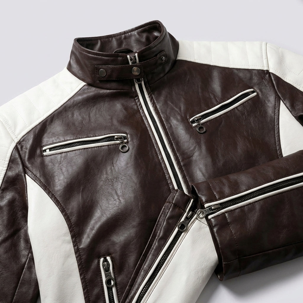 Men’s Colourblock Faux Leather Biker Jacket – Stand Collar Urban Moto Racer Coat with Quilted Shoulders