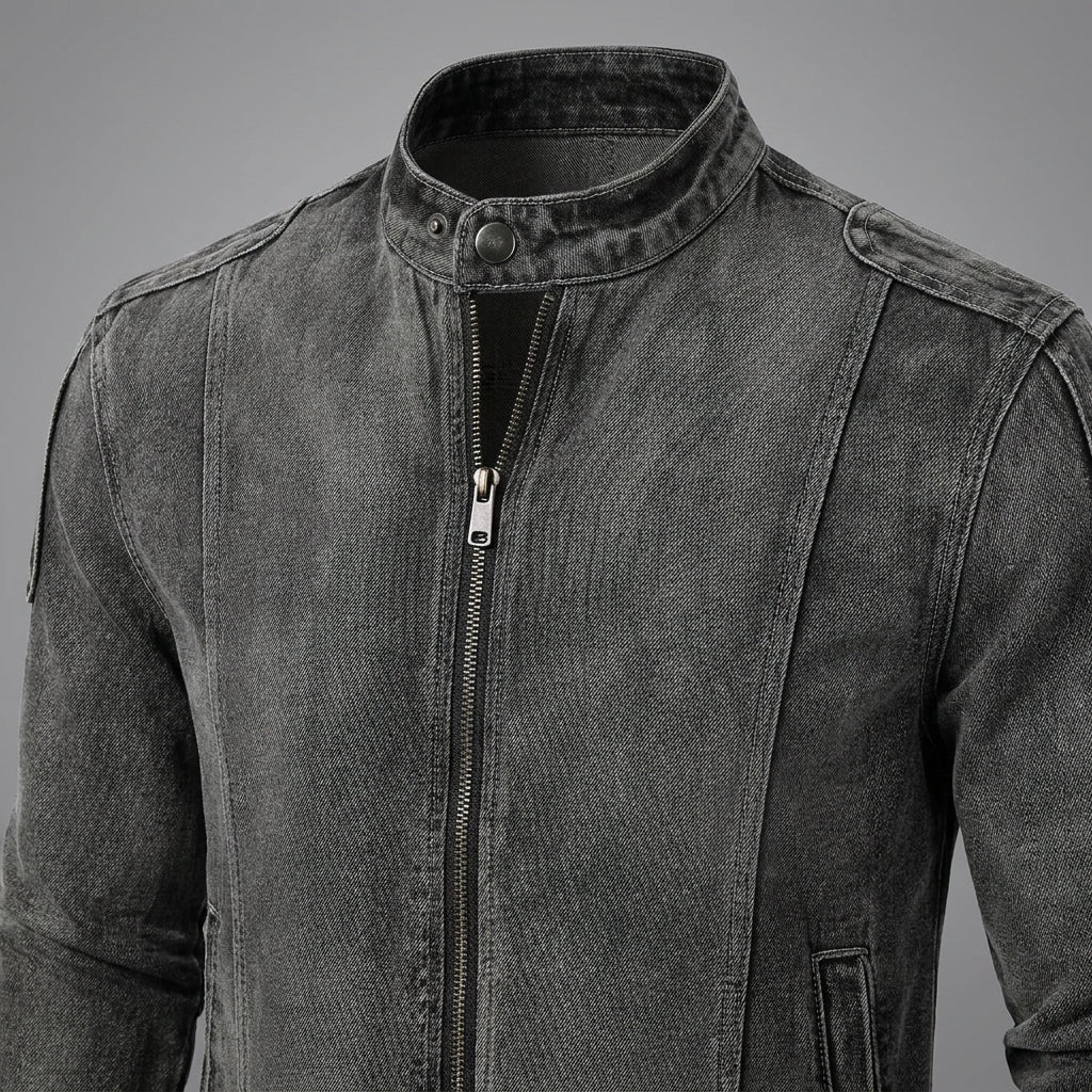 Men’s Washed Denim Biker Jacket – Acid Wash Stand Collar Moto Racer Jacket with 3D Panelling