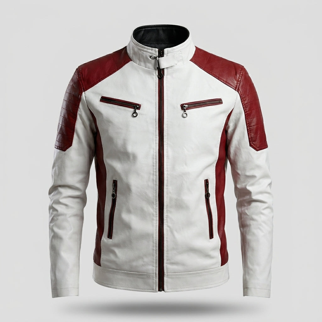 Men’s Colourblock Faux Leather Biker Jacket – Stand Collar Urban Moto Racer Coat with Quilted Shoulders