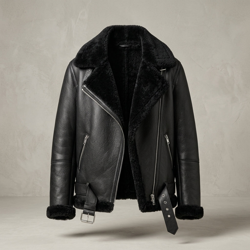 Women’s Faux Shearling Aviator Jacket – Thick Faux Leather Biker Coat with Plush Fur Lining & Belt