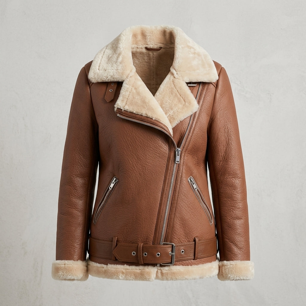 Women’s Faux Shearling Aviator Jacket – Thick Faux Leather Biker Coat with Plush Fur Lining & Belt