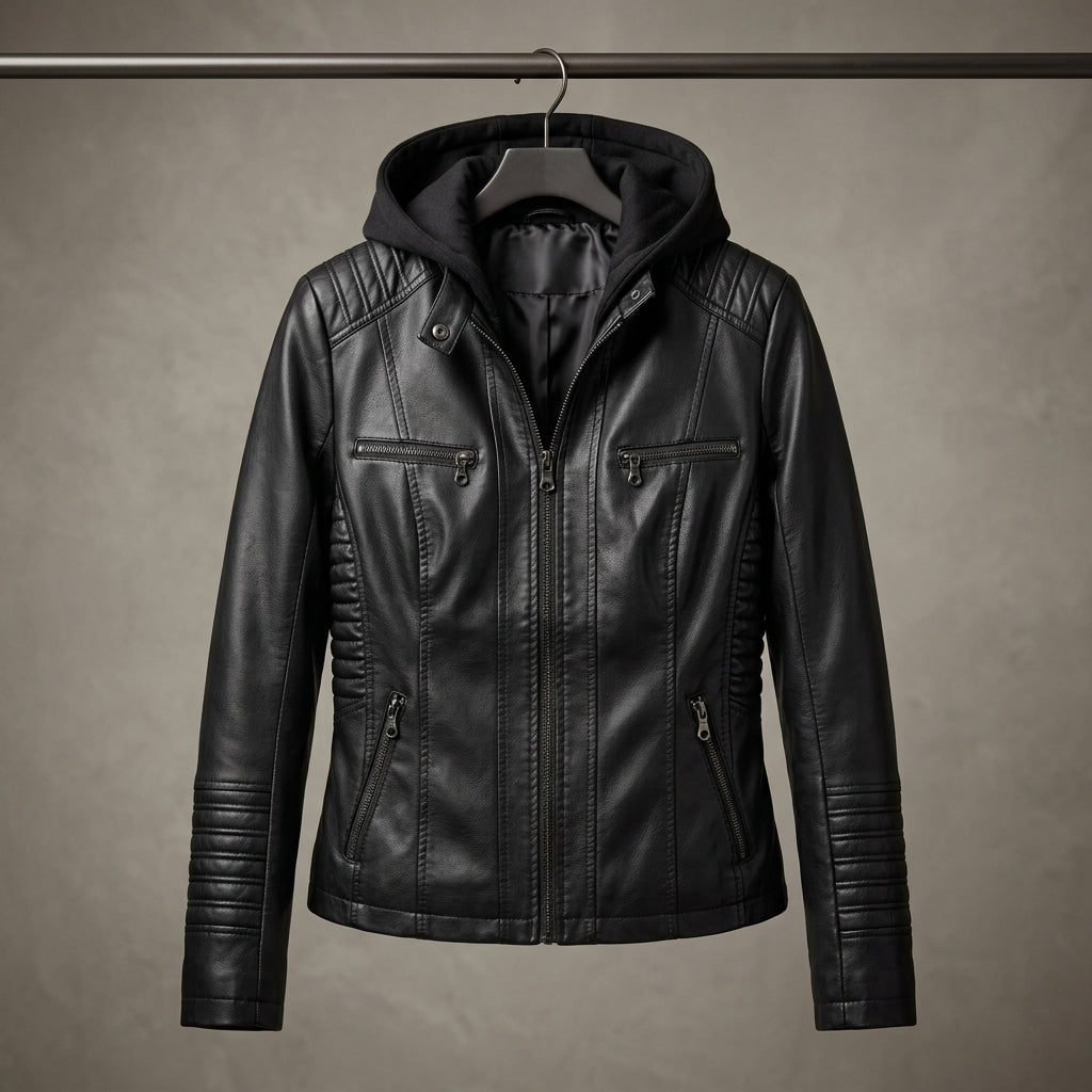 Women’s Hooded Faux Leather Biker Jacket – Slim-Fit Washed PU Leather Moto Coat with Removable Fleece Hood