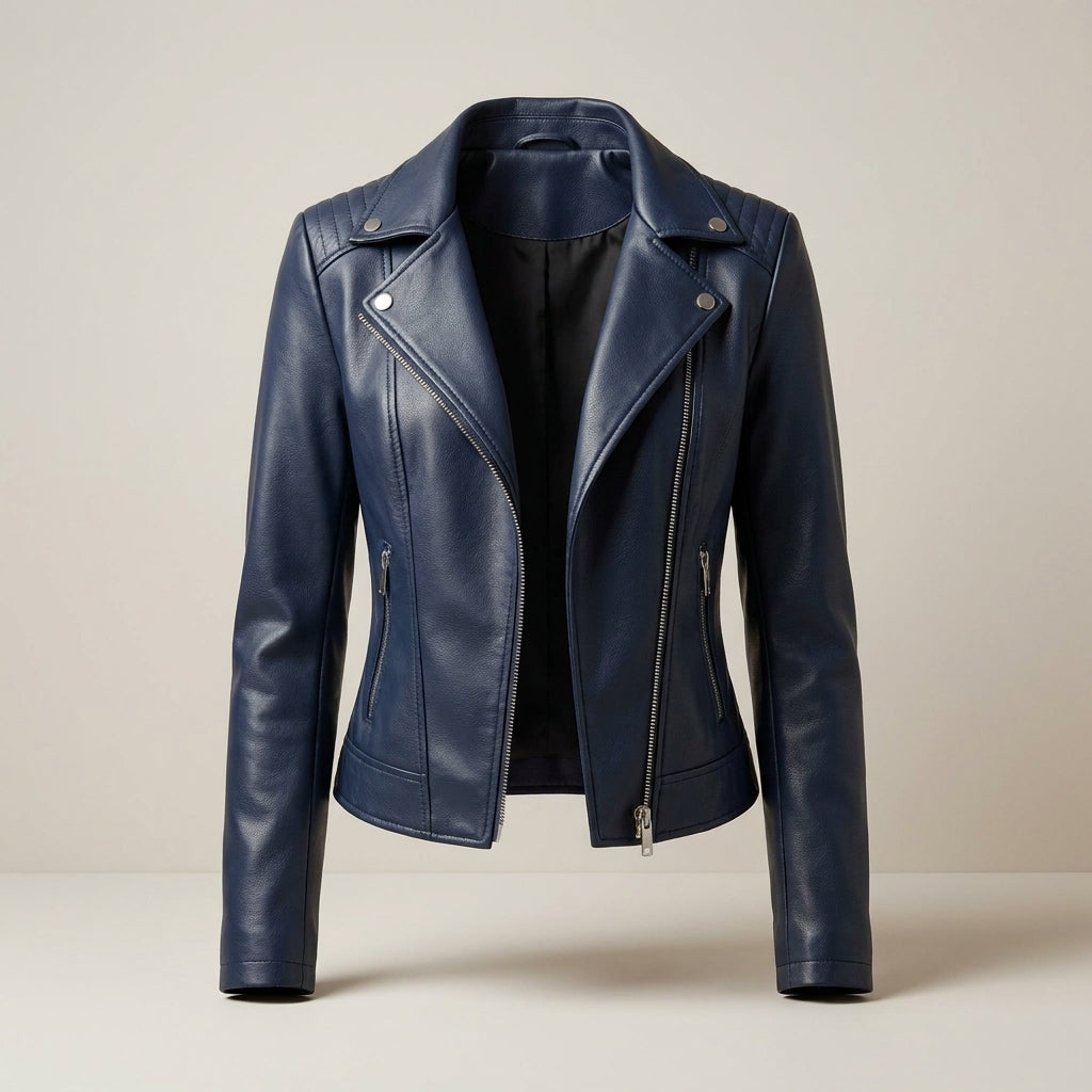 Women’s Slim-Fit Faux Leather Biker Jacket – Asymmetric Zip Moto Coat with Quilted Shoulder Detail