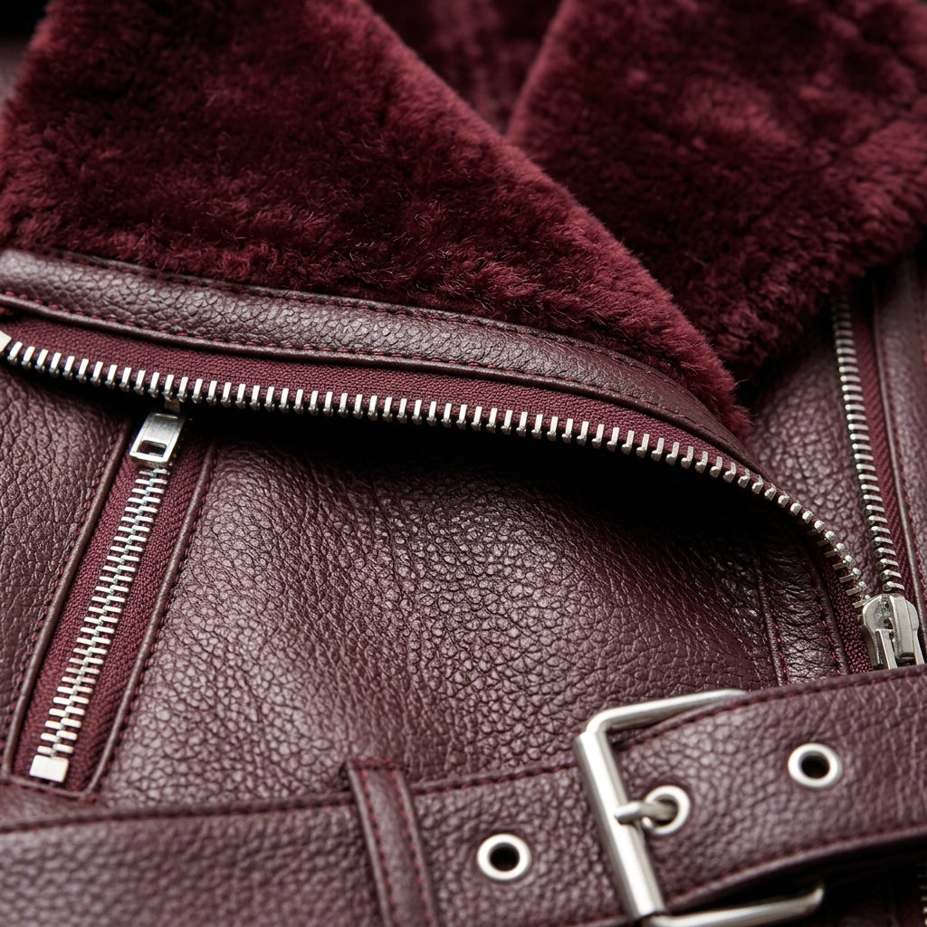 Women’s Faux Shearling Aviator Jacket – Thick Faux Leather Biker Coat with Plush Fur Lining & Belt