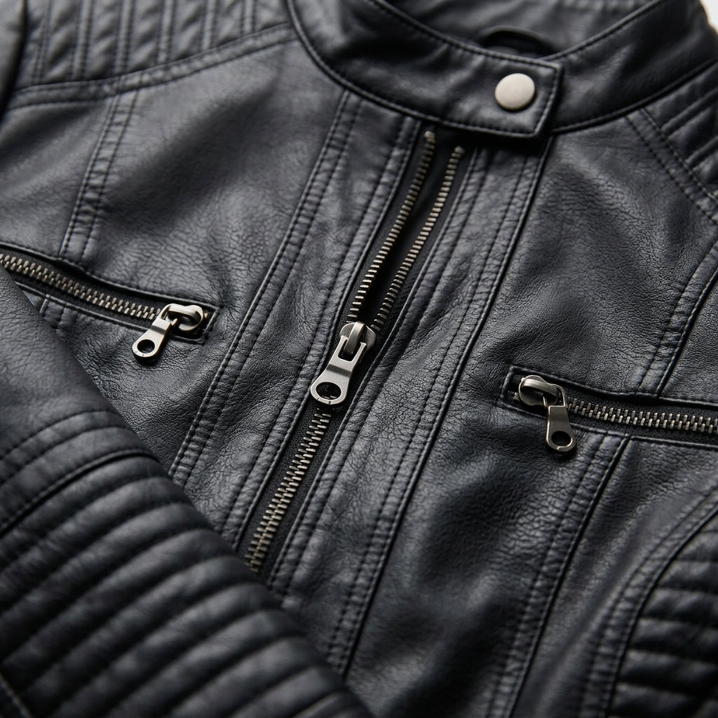 Women’s Hooded Faux Leather Biker Jacket – Slim-Fit Washed PU Leather Moto Coat with Removable Fleece Hood