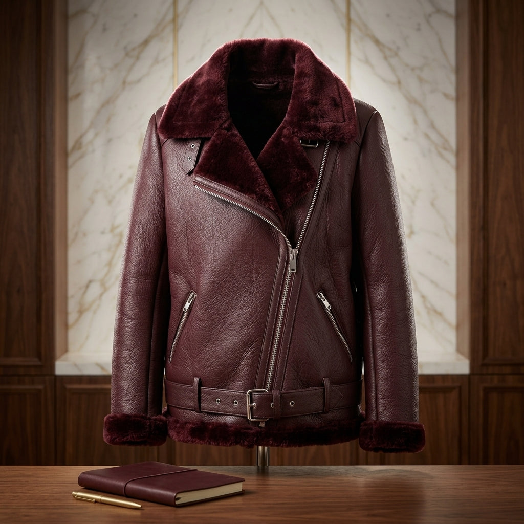 Women’s Faux Shearling Aviator Jacket – Thick Faux Leather Biker Coat with Plush Fur Lining & Belt