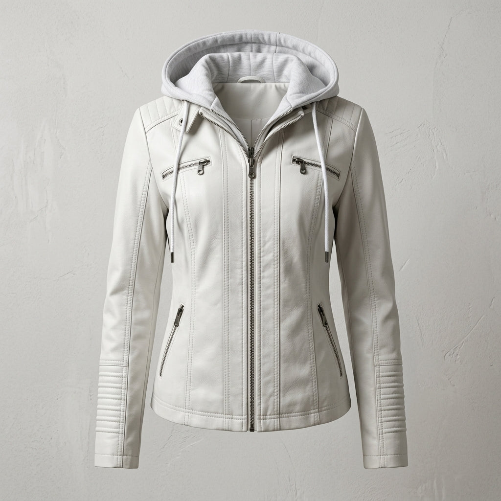 Women’s Hooded Faux Leather Biker Jacket – Slim-Fit Washed PU Leather Moto Coat with Removable Fleece Hood
