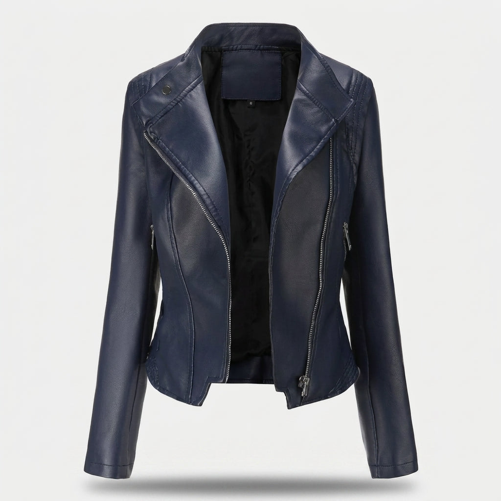 Women’s Slim-Fit Faux Leather Biker Jacket – Asymmetric Zip Moto Coat with Quilted Shoulder Detail