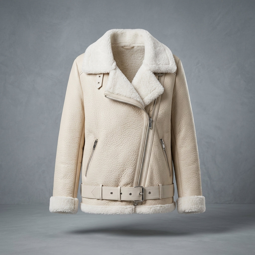 Women’s Faux Shearling Aviator Jacket – Thick Faux Leather Biker Coat with Plush Fur Lining & Belt