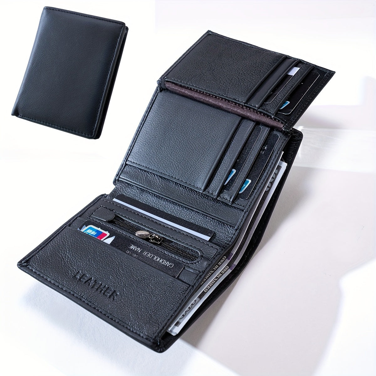 Men's Genuine Leather Wallet, Slim Vertical Bifold Wallet with ID Window