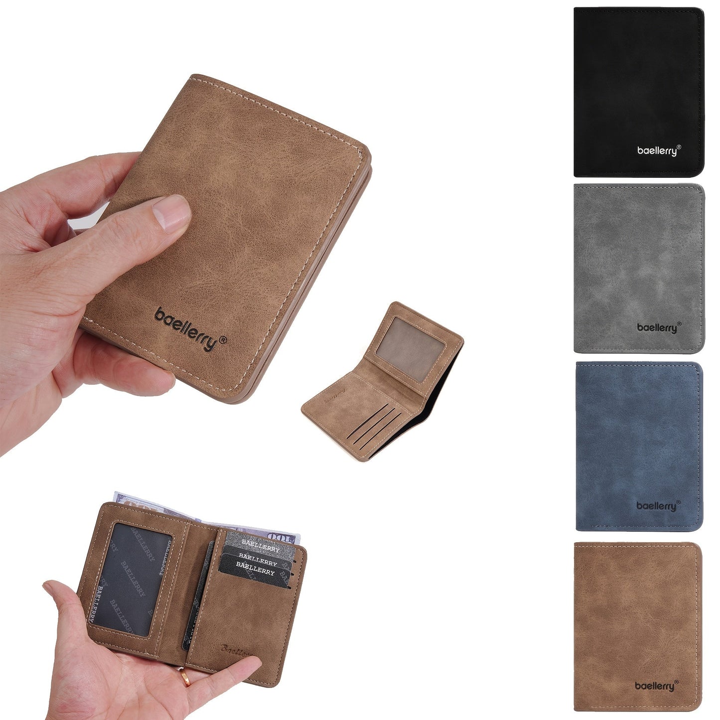 Men's Minimalist PU Leather Wallet, Slim Vertical Wallet with ID Window