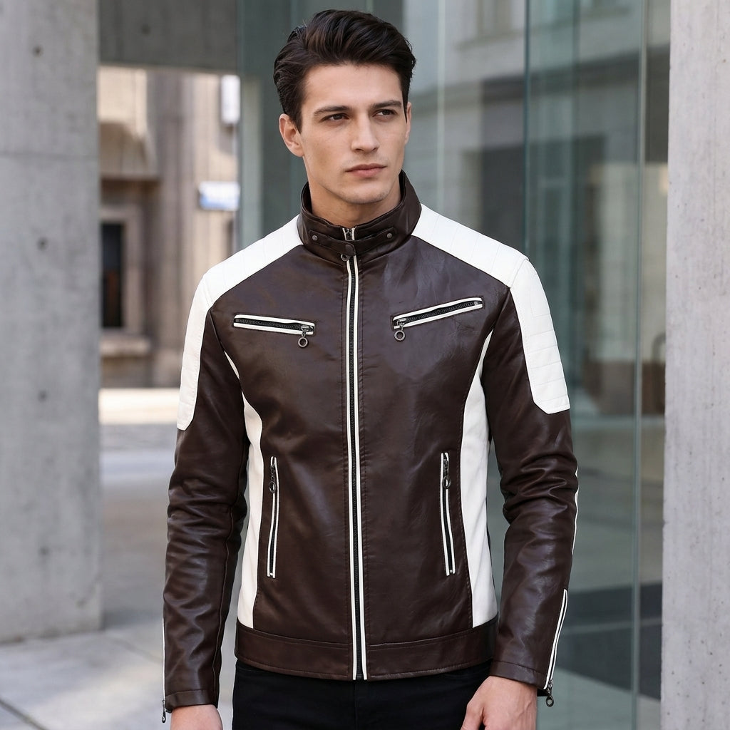 Men’s Colourblock Faux Leather Biker Jacket – Stand Collar Urban Moto Racer Coat with Quilted Shoulders