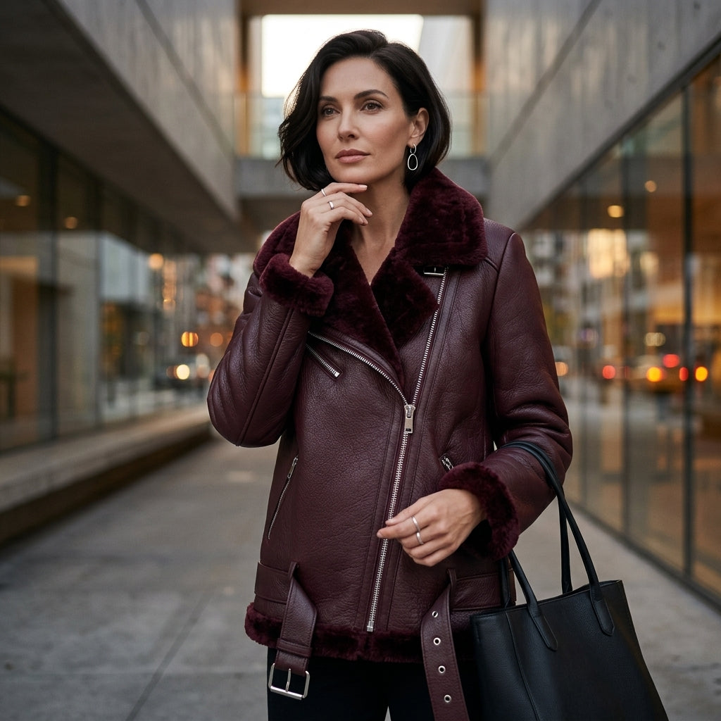 Women’s Faux Shearling Aviator Jacket – Thick Faux Leather Biker Coat with Plush Fur Lining & Belt