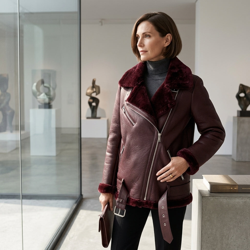 Women’s Faux Shearling Aviator Jacket – Thick Faux Leather Biker Coat with Plush Fur Lining & Belt