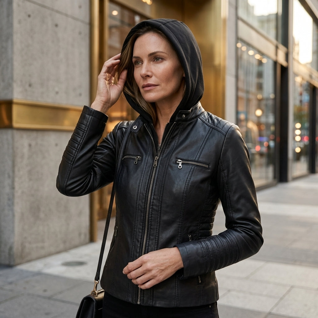 Women’s Hooded Faux Leather Biker Jacket – Slim-Fit Washed PU Leather Moto Coat with Removable Fleece Hood