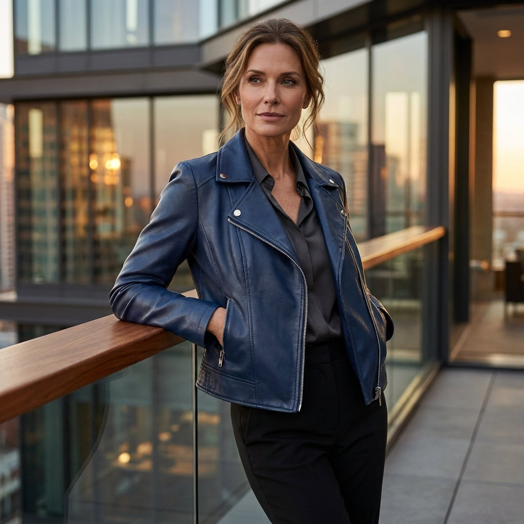 Women’s Slim-Fit Faux Leather Biker Jacket – Asymmetric Zip Moto Coat with Quilted Shoulder Detail