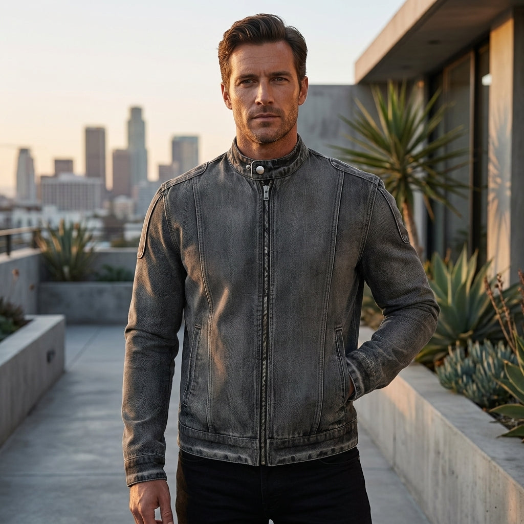 Men’s Washed Denim Biker Jacket – Acid Wash Stand Collar Moto Racer Jacket with 3D Panelling