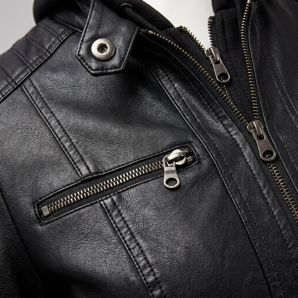 Women’s Hooded Faux Leather Biker Jacket – Slim-Fit Washed PU Leather Moto Coat with Removable Fleece Hood