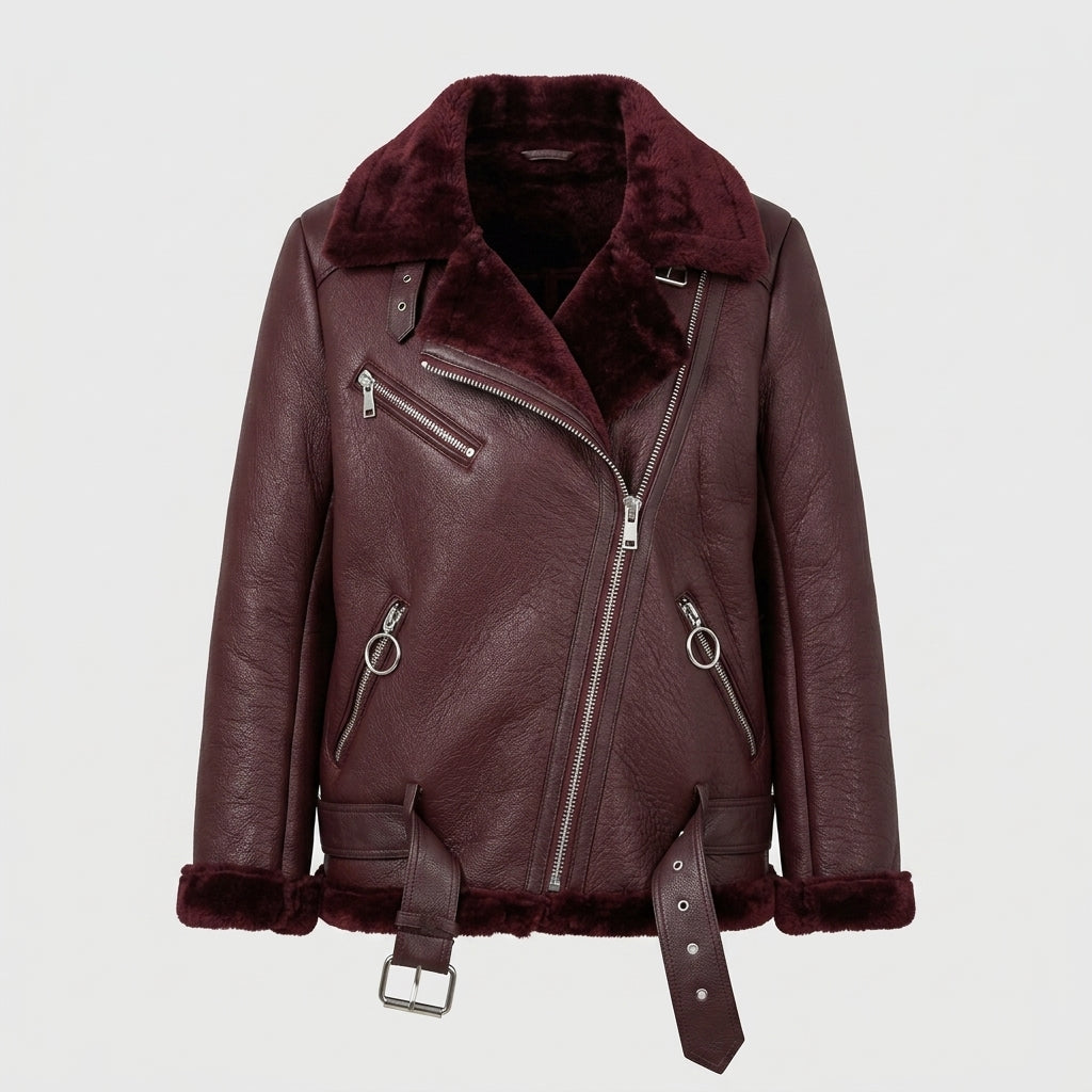 Women’s Faux Shearling Aviator Jacket – Thick Faux Leather Biker Coat with Plush Fur Lining & Belt