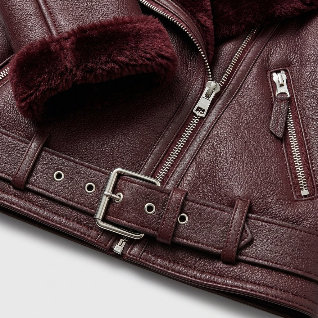 Women’s Faux Shearling Aviator Jacket – Thick Faux Leather Biker Coat with Plush Fur Lining & Belt