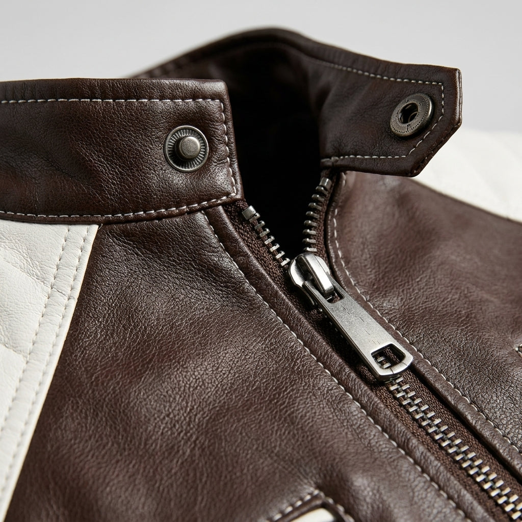 Men’s Colourblock Faux Leather Biker Jacket – Stand Collar Urban Moto Racer Coat with Quilted Shoulders