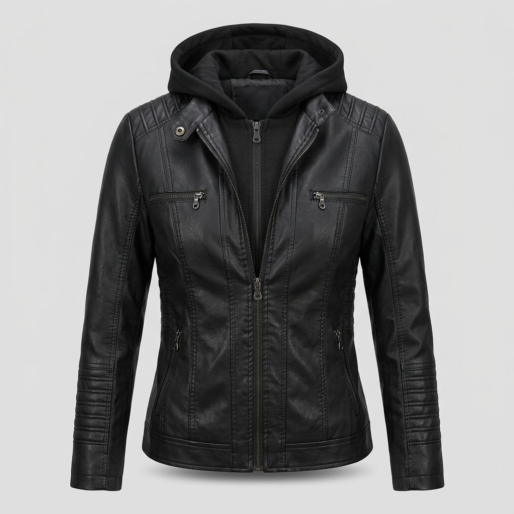 Women’s Hooded Faux Leather Biker Jacket – Slim-Fit Washed PU Leather Moto Coat with Removable Fleece Hood