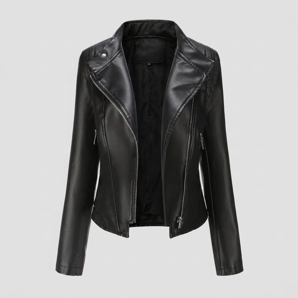 Women’s Slim-Fit Faux Leather Biker Jacket – Asymmetric Zip Moto Coat with Quilted Shoulder Detail
